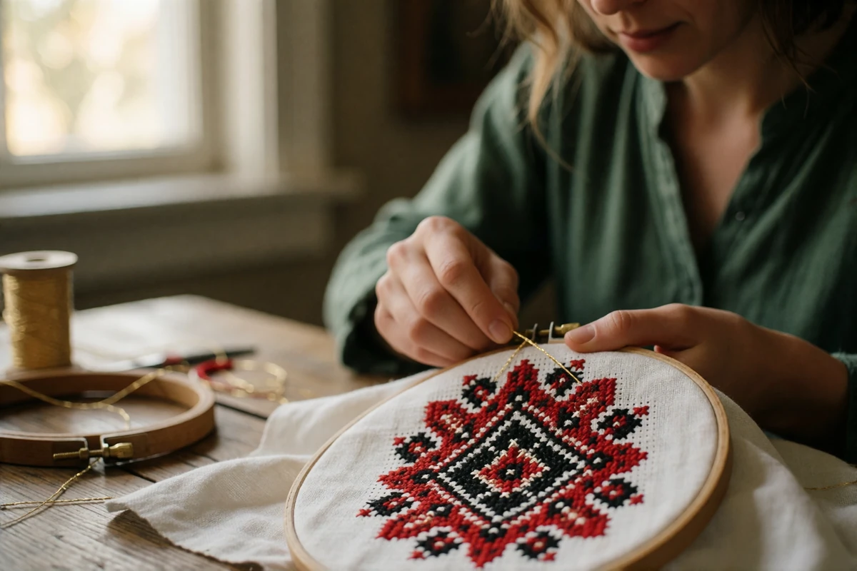 Close view of hands stitching a red and black geometric folk pattern onto white linen