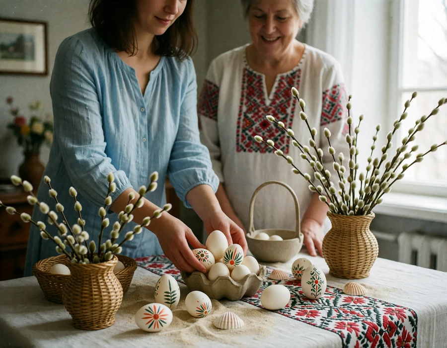 Woman in a soft blue blouse arranging a spring table with painted eggs and pussy willow branches beside an older relative