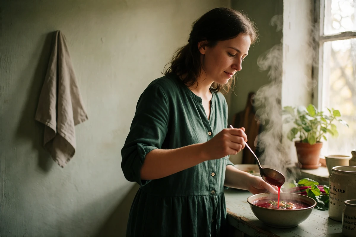 Belarusian woman ladling homemade beet soup into a bowl in a warm rustic kitchen