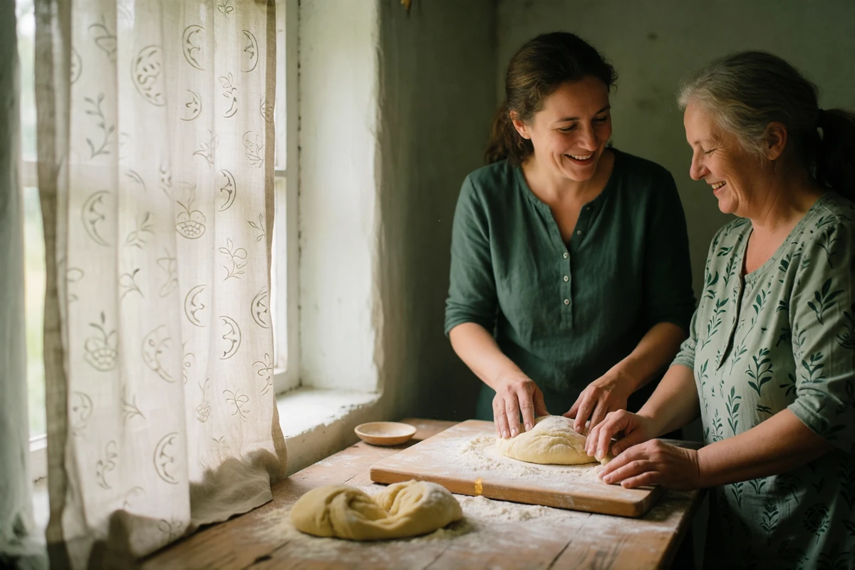 Moldovan woman and an older relative baking together at a rustic wooden kitchen counter, sharing a quiet laugh