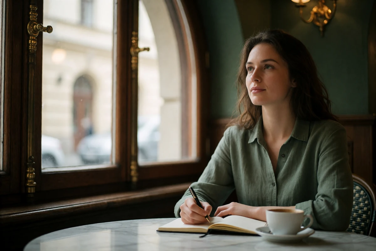 Poised Czech woman with a notebook and coffee at a marble table in a high-end Prague cafe