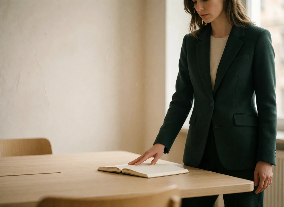 Woman in a tailored green blazer reviewing a closed notebook in a calm modern office