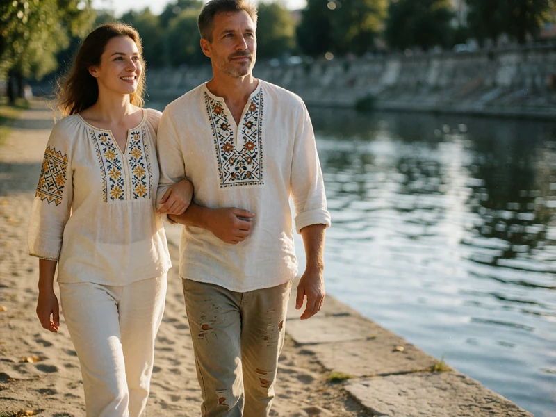 Couple in their forties walking arm in arm along a riverside promenade in evening light