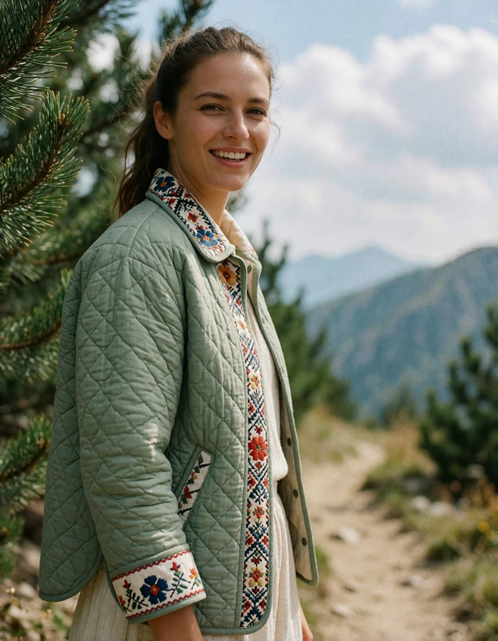 Verified Romanian member in a sage quilted jacket pausing on a mountain trail with a bright smile