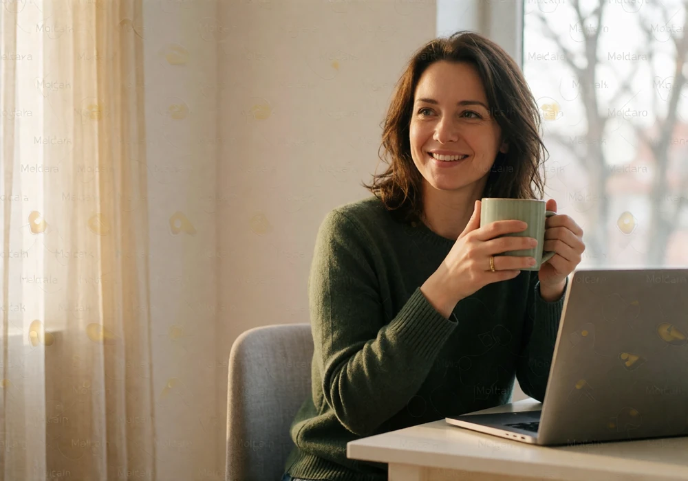 Moldovan woman smiling with a mug in hand at a desk in a bright modern apartment during a video call