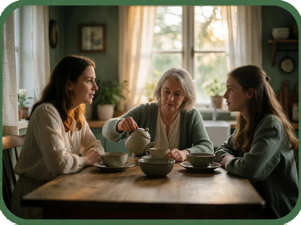 Three generations of a family in quiet conversation around a wooden kitchen table, reflecting family role in Eastern European dating