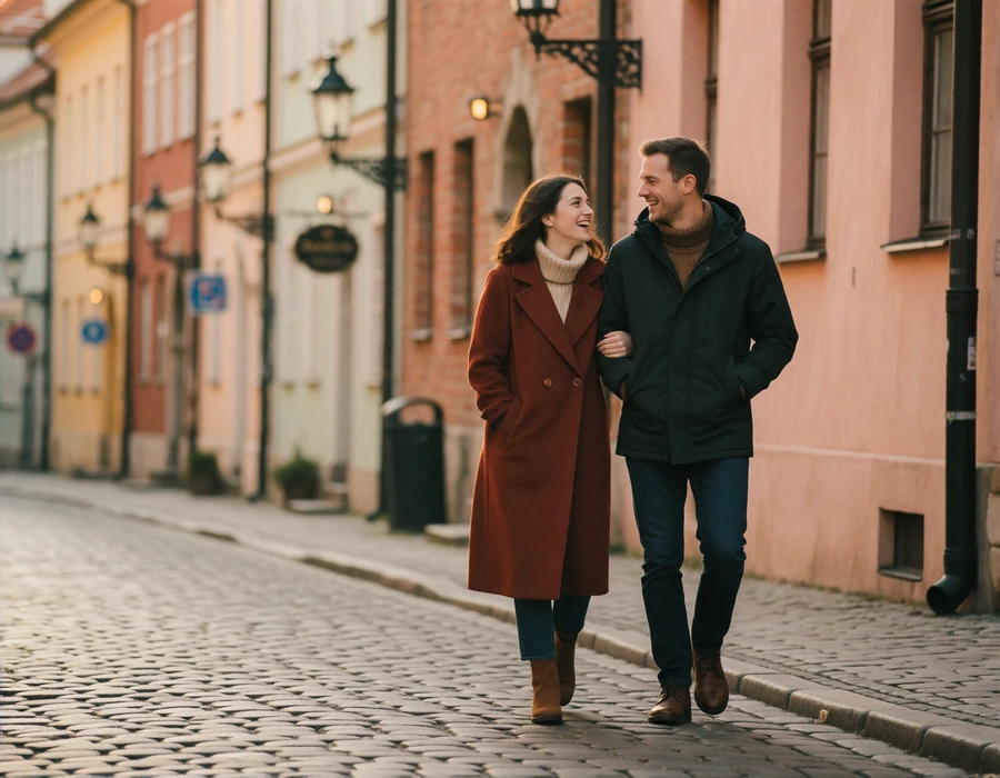 Couple walking arm in arm and laughing along a cobbled old town street in Europe