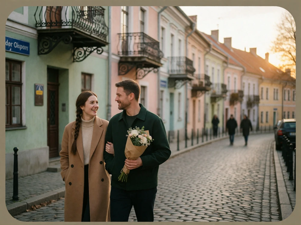 Couple walking along a cobbled Eastern European old-town street, one carrying flowers, discussing marriage intentions
