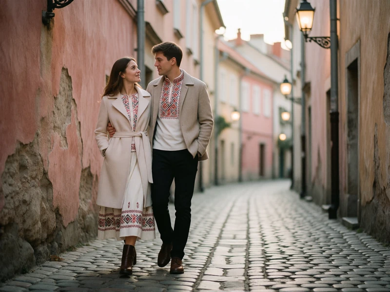 Couple strolling arm in arm through a pastel old-town lane in the late afternoon light
