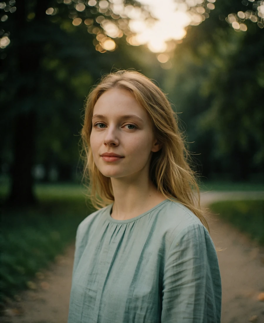 Verified Belarusian member with light blonde hair in a pale blue blouse on a quiet park path