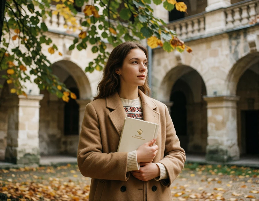 Ukrainian woman in a camel coat holding a notebook in a historic university courtyard in autumn