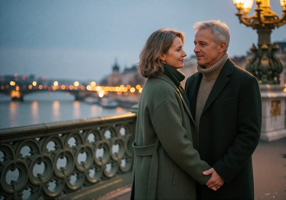 Couple in their fifties standing close together on a Budapest bridge walkway at dusk