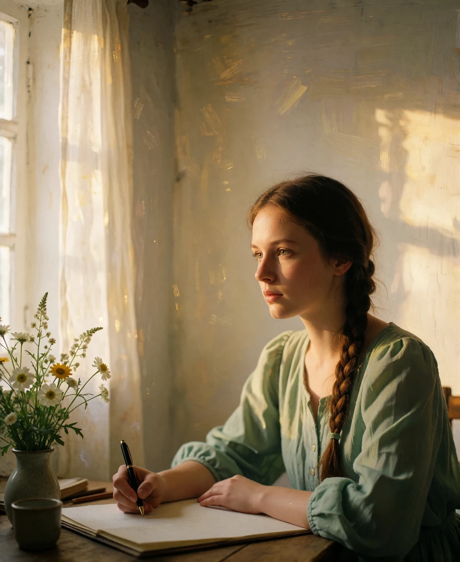 Young woman at a sunlit desk pausing thoughtfully with a pen over paper, reflecting the patience behind cross-cultural communication