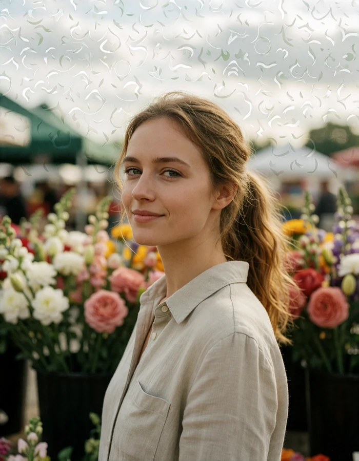 Verified Polish member with light brown hair in a linen shirt standing at a flower market stall