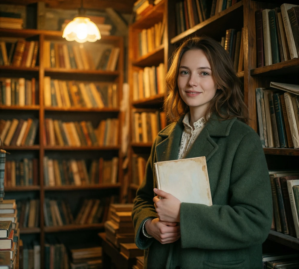 Woman smiling warmly while holding a book among wooden bookshop shelves, reflecting genuine connection when chatting with Slavic women