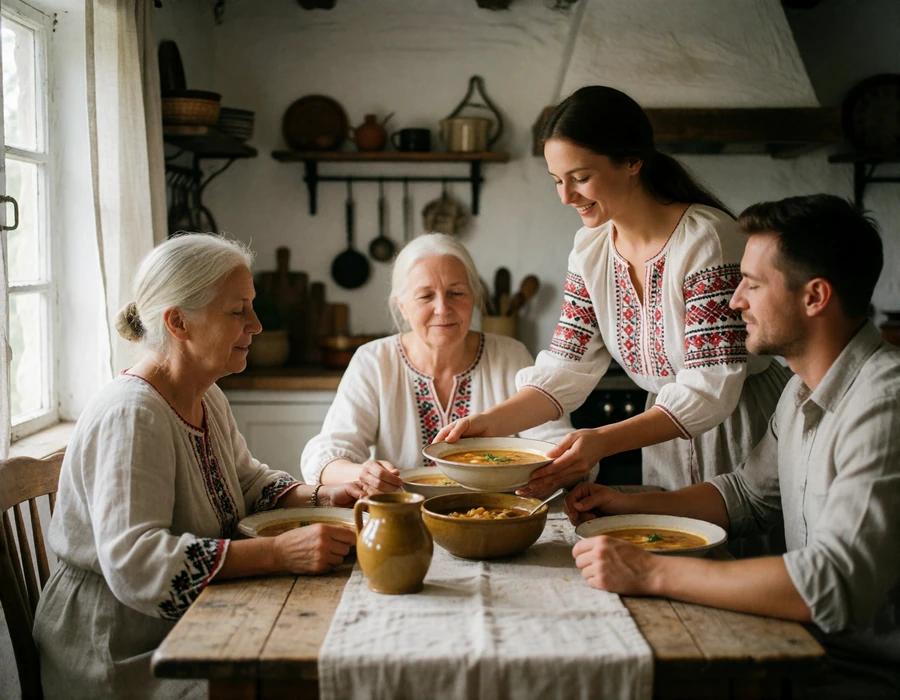 Ukrainian woman serving soup to an older relative at a rustic kitchen table in a whitewashed cottage