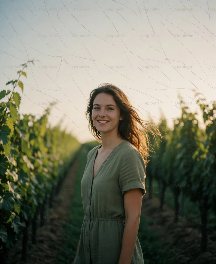 Hungarian woman in an olive dress standing at the edge of a sunlit vineyard row