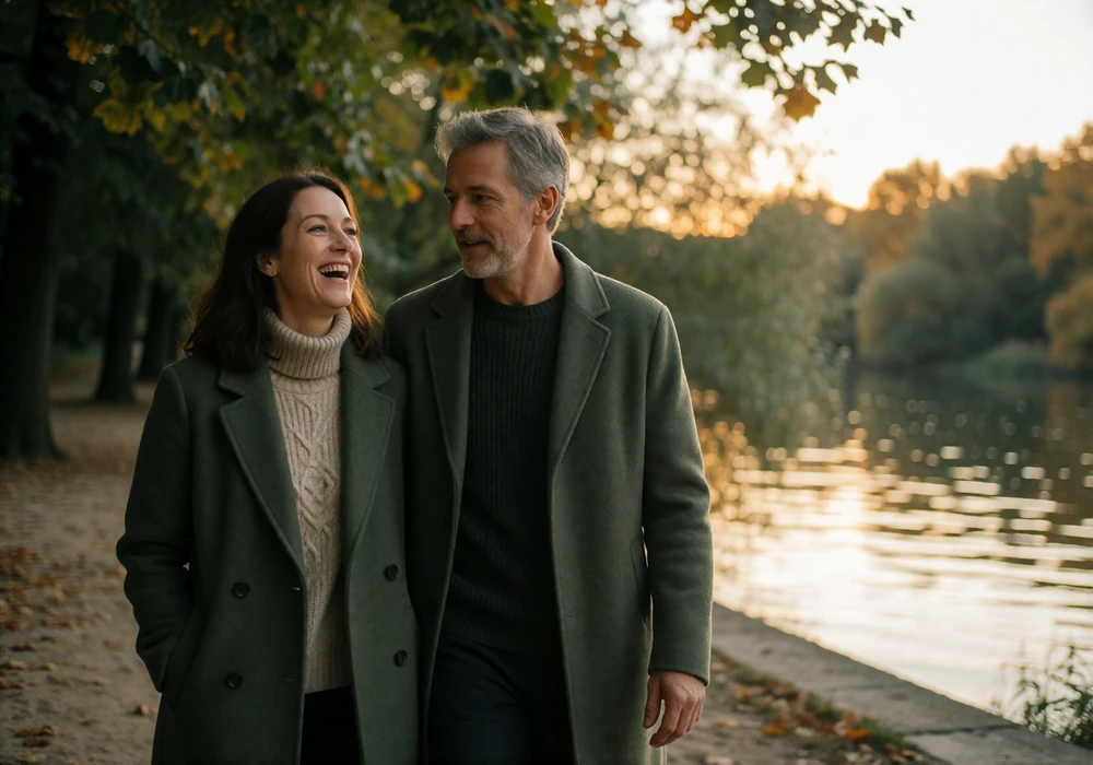 Couple in their forties walking together along a tree-lined riverside promenade in Prague