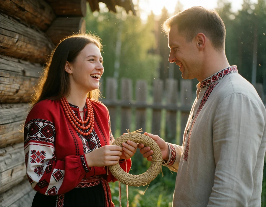 Woman in a red and black embroidered shirt handing a woven wreath to a man at an outdoor Ukrainian village celebration