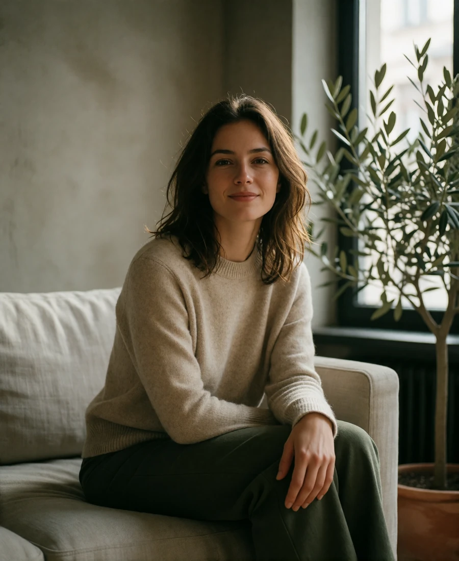 Verified Czech member in an oatmeal sweater seated on a linen sofa in a modern apartment