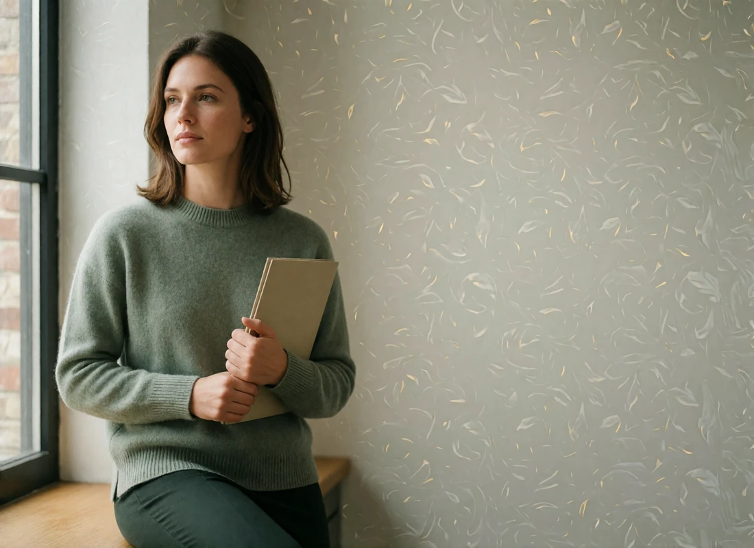 Woman in a sage sweater holding a closed folder by a window in a quiet upscale workspace