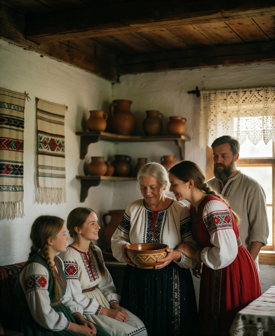 Three generations of a Slavic family gathered in a rustic cottage kitchen, reflecting traditional family values in Eastern Europe