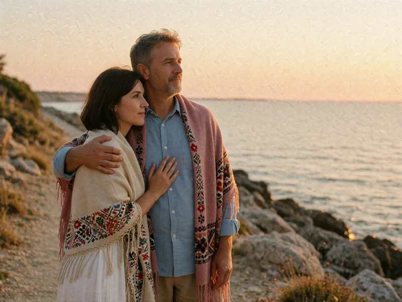 Couple in their forties standing together on a rocky coastal path in Bulgaria at sunset