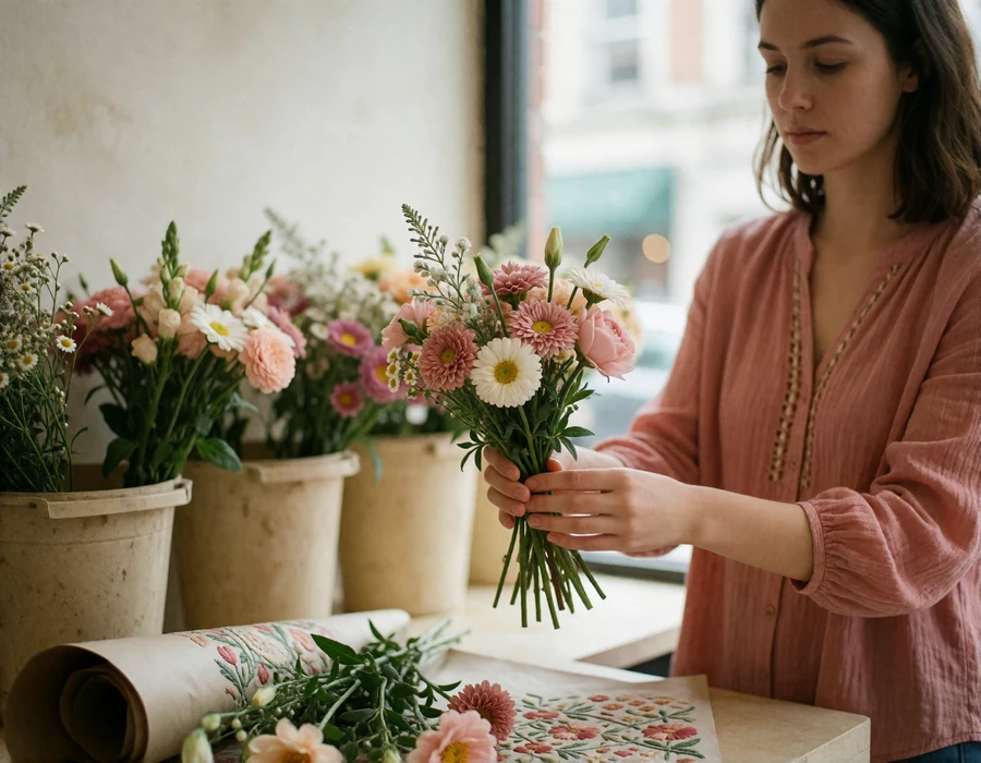 Bulgarian woman arranging a small hand-tied bouquet at a bright flower shop counter