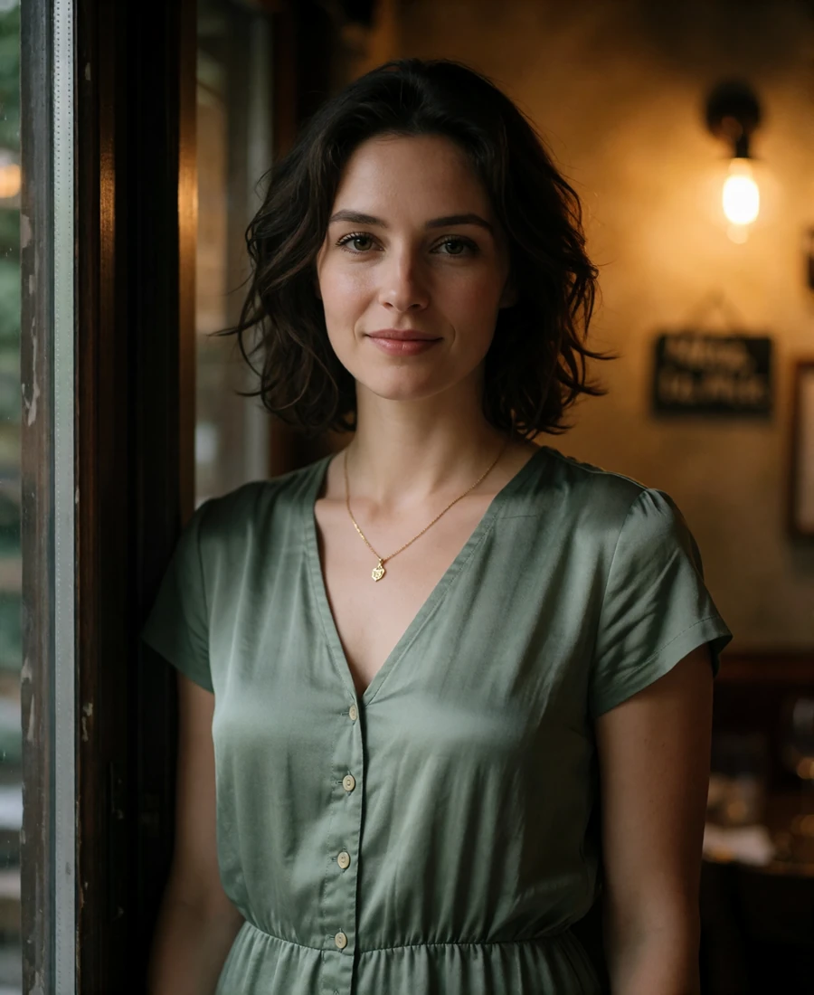 Verified Moldovan member in a sage evening dress standing in a warmly lit restaurant doorway