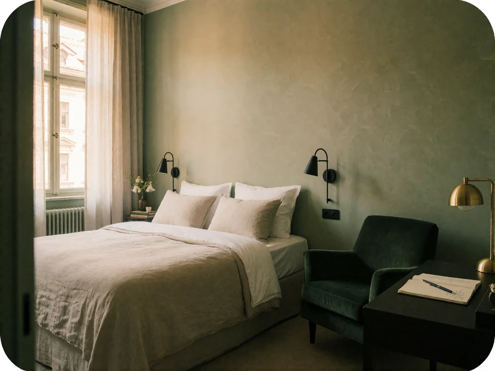 A calm boutique hotel room with layered linen bedding and a velvet armchair, the kind of independent accommodation recommended for a first international dating visit