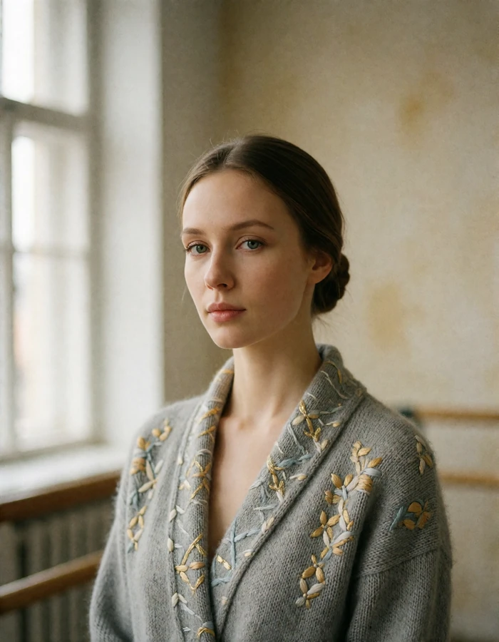 Verified Russian member with a smooth low bun and grey wrap cardigan standing beside a studio window