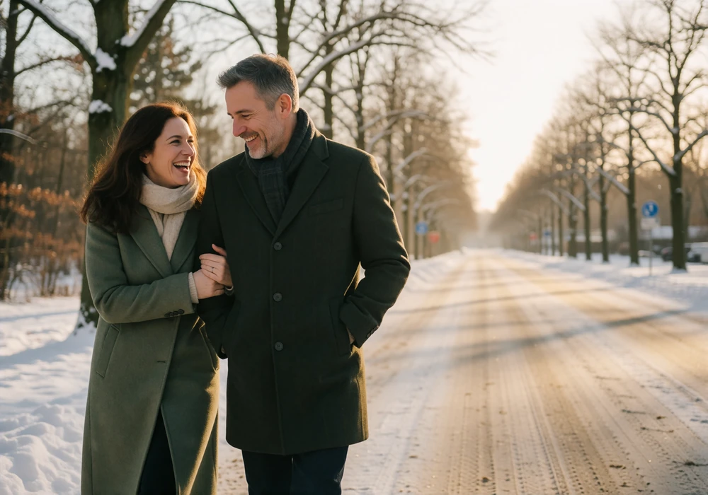 Couple in their forties walking arm in arm along a snow-dusted tree-lined avenue
