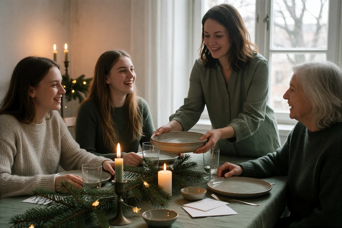 Hungarian family gathered at a festive winter table, a woman passing a ceramic dish to an older relative