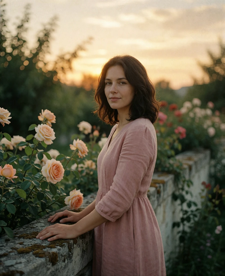 Confident woman in her early thirties standing in a walled evening garden, representing a partner in an age-gap relationship