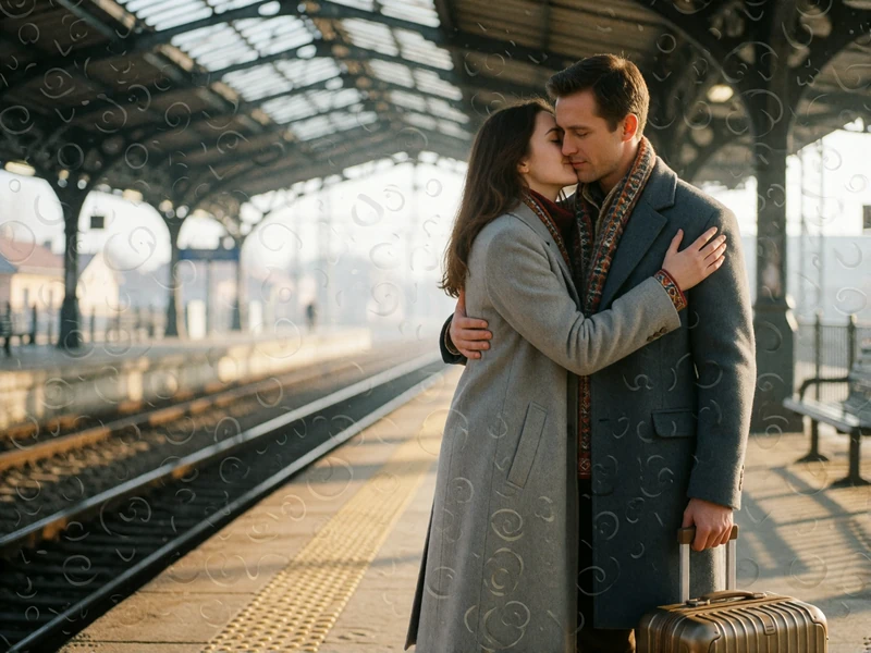 Couple embracing warmly on a train station platform after months of video calls