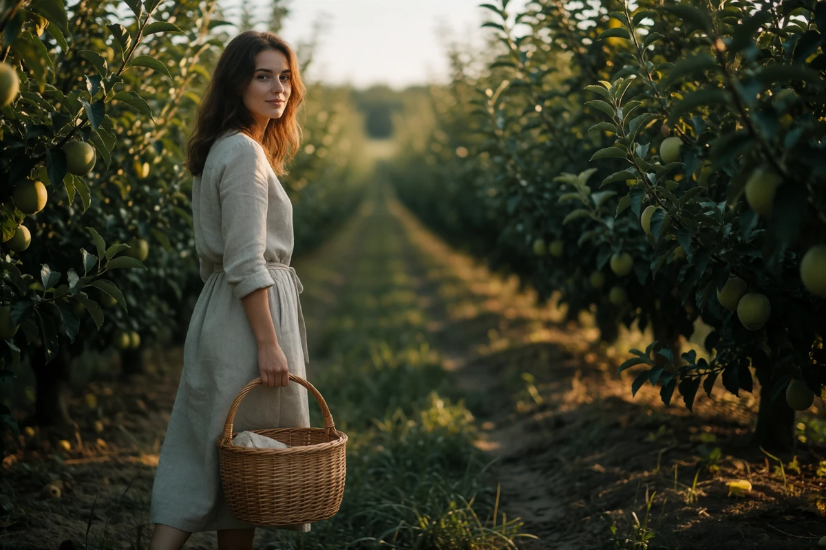 Moldovan woman walking a narrow orchard path carrying a woven basket, glancing back with a soft smile