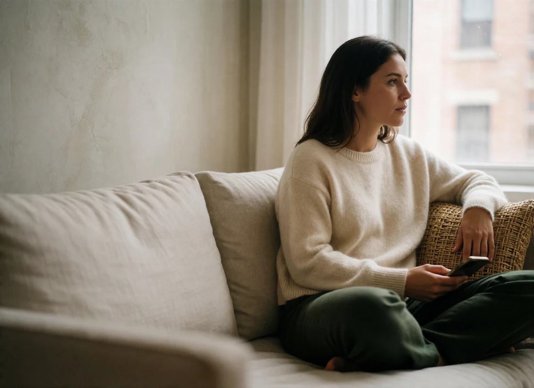 Woman relaxing on a linen sofa at home holding a phone, reviewing her account and cookie settings