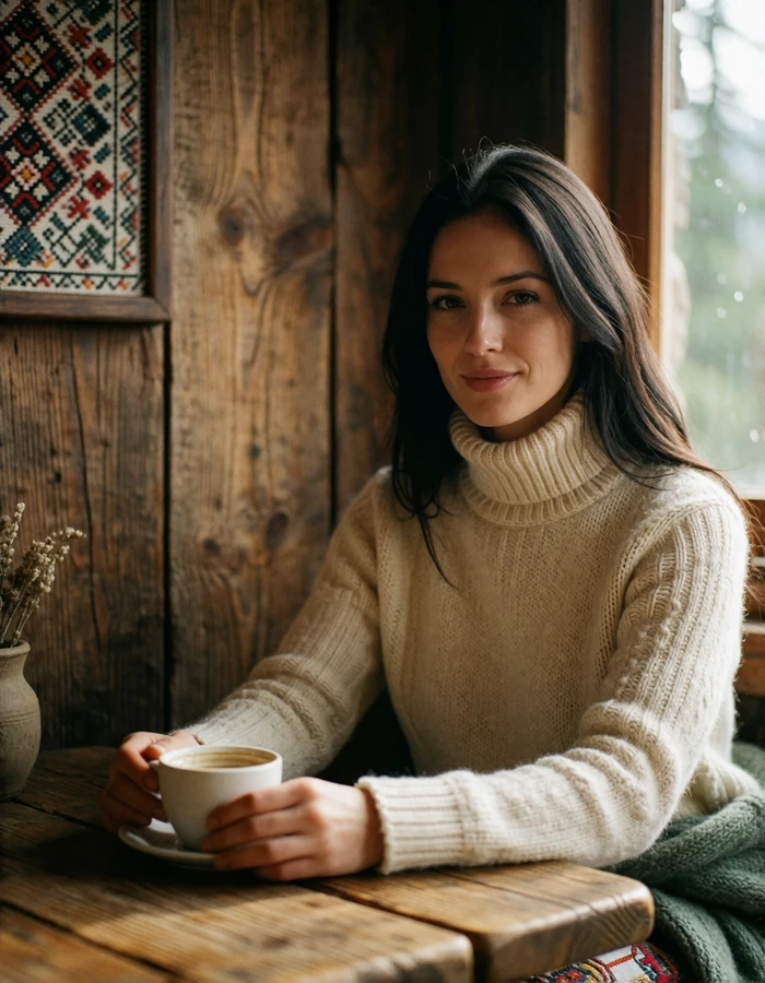 Verified Bulgarian member with straight dark hair at a wooden mountain cafe table