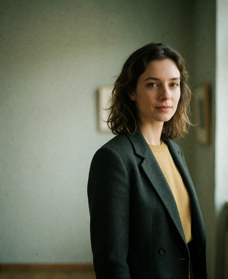 Verified Hungarian member in a tailored charcoal blazer standing in a quiet gallery corridor