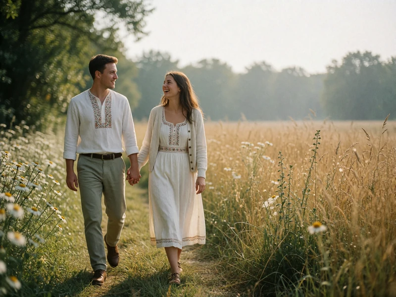 Couple walking hand in hand along a grassy country path lined with wildflowers