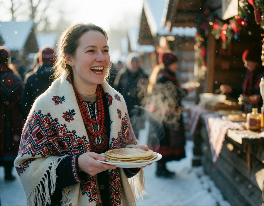 Woman in a bright patterned shawl laughing while holding pancakes at an outdoor Maslenitsa winter celebration