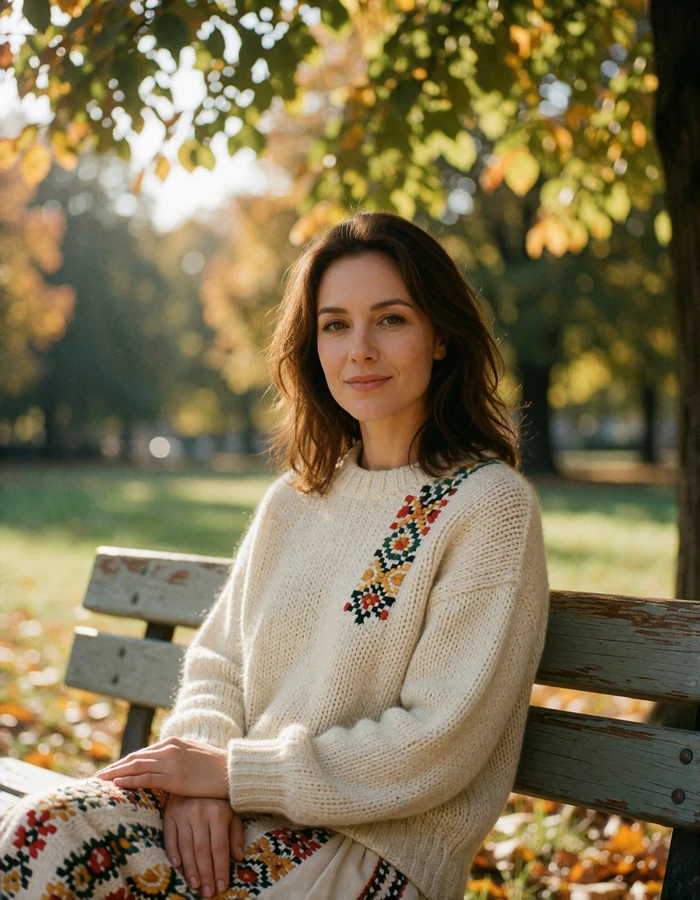 Verified Polish member with chestnut hair seated on a park bench in an ivory knit sweater