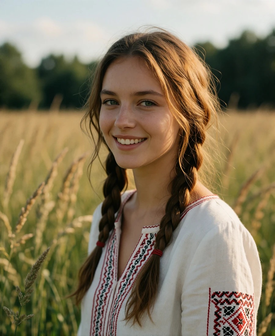 Verified Slavic Dating member with braided honey-brown hair in an embroidered linen blouse in a summer field