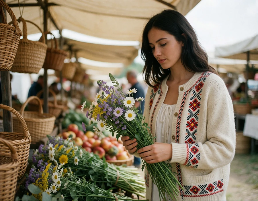 Romanian woman in a cream cardigan choosing fresh field flowers at an open-air market stall