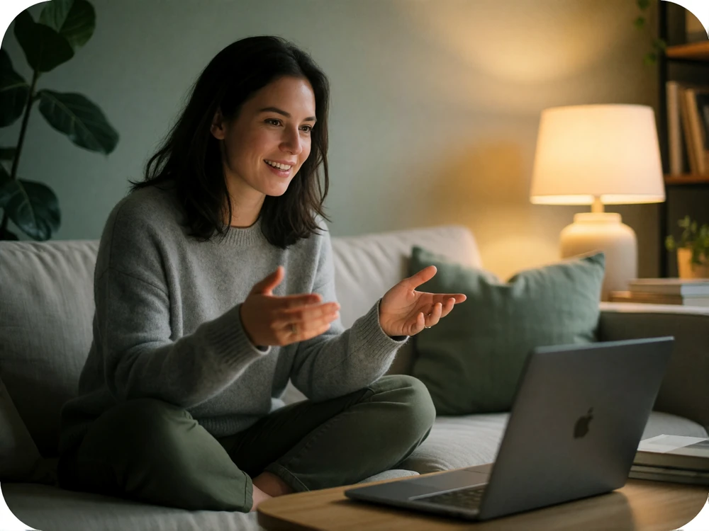 Woman smiling and gesturing mid-conversation during an evening video call from a modern apartment