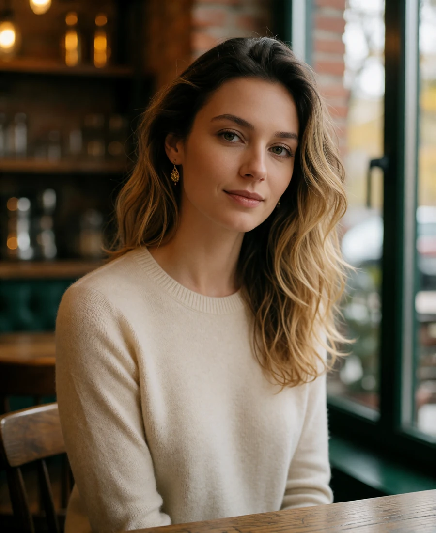 Verified member of the Slavic dating platform seated by a window in an upscale city cafe