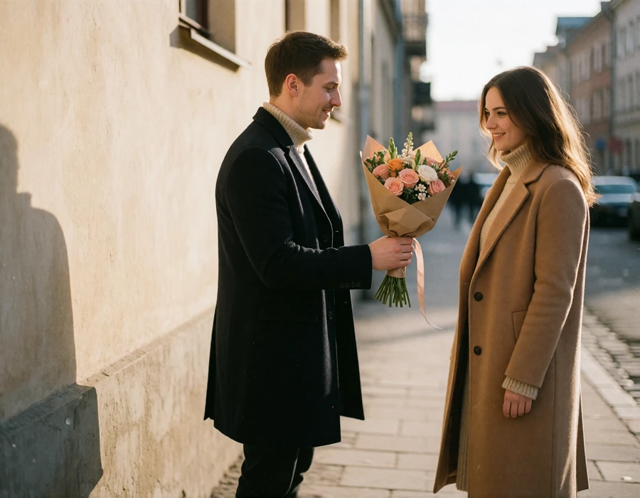 Man in a dark overcoat offering a small bouquet of flowers to a smiling woman in a camel coat on a quiet city street
