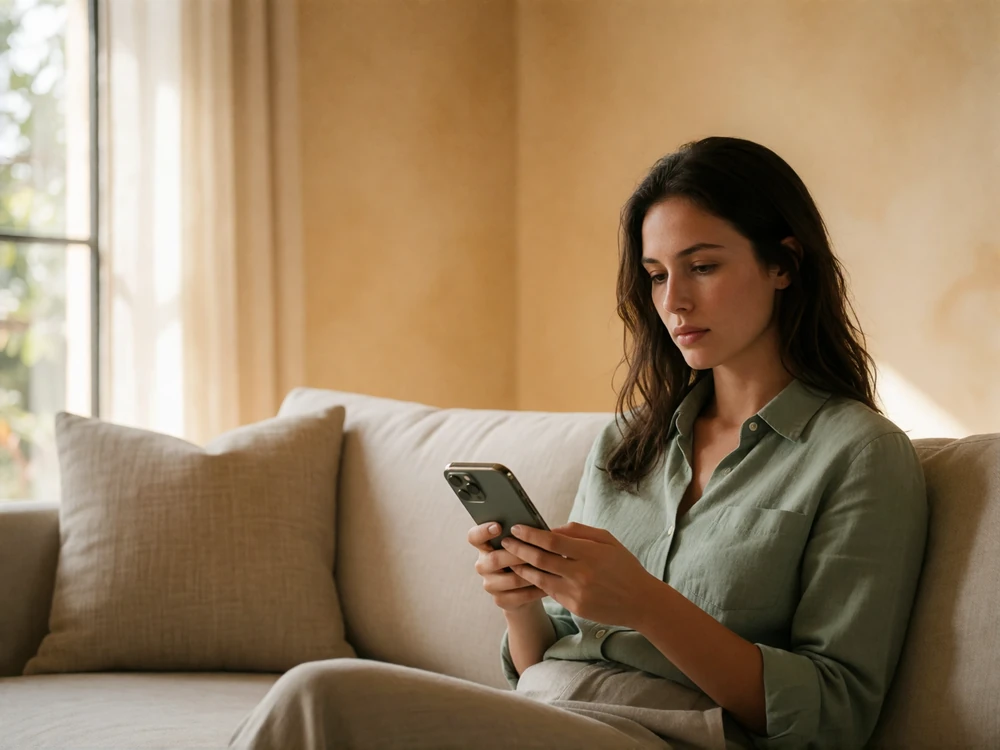 Woman sitting thoughtfully on a sofa holding a phone, considering whether to report a suspicious dating message
