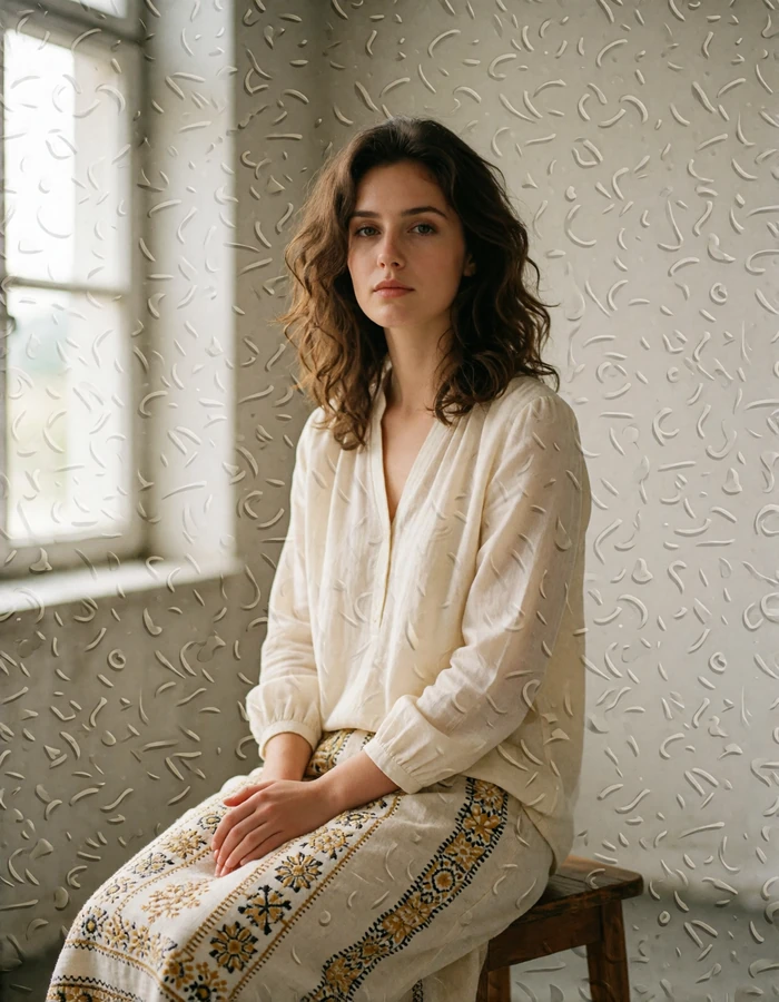 Verified Romanian member with wavy brown hair seated calmly in a bright studio room